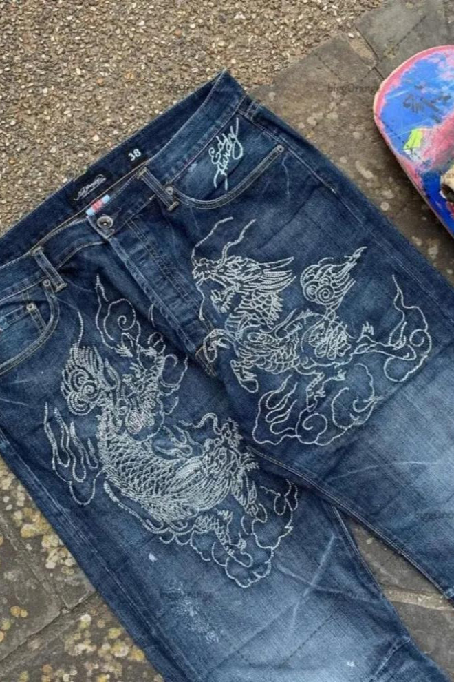 Assorted Embroidered Graphic Straight Leg Jeans