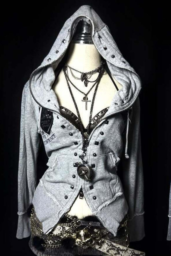 Grommet Patch Fitted Grey Zip Hoodie Secondary image