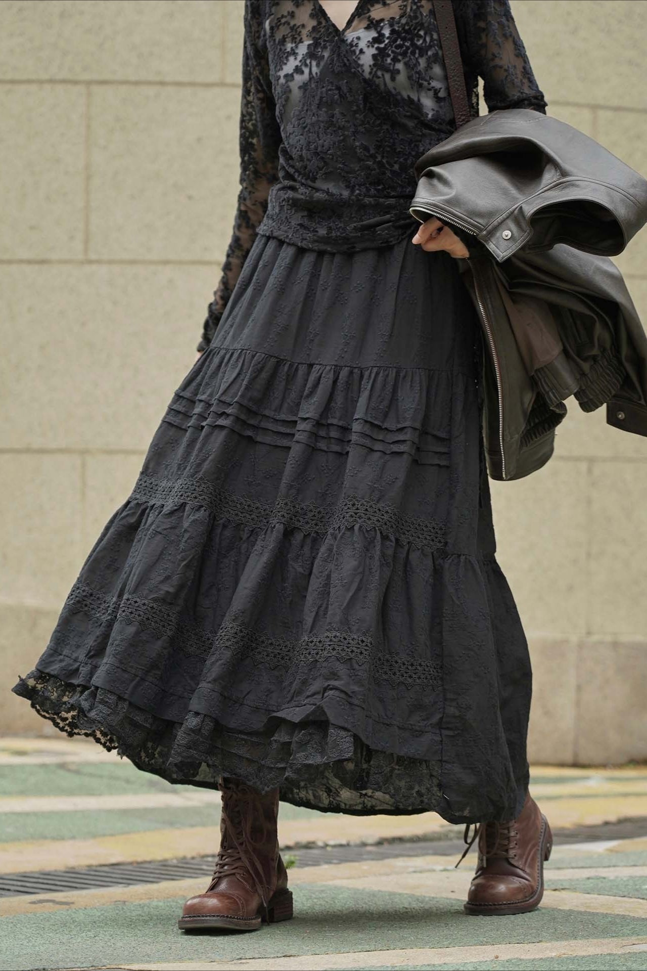 Slouchy Vintage Patchwork Floral Ruffle A-Line Maxi Skirt Main image