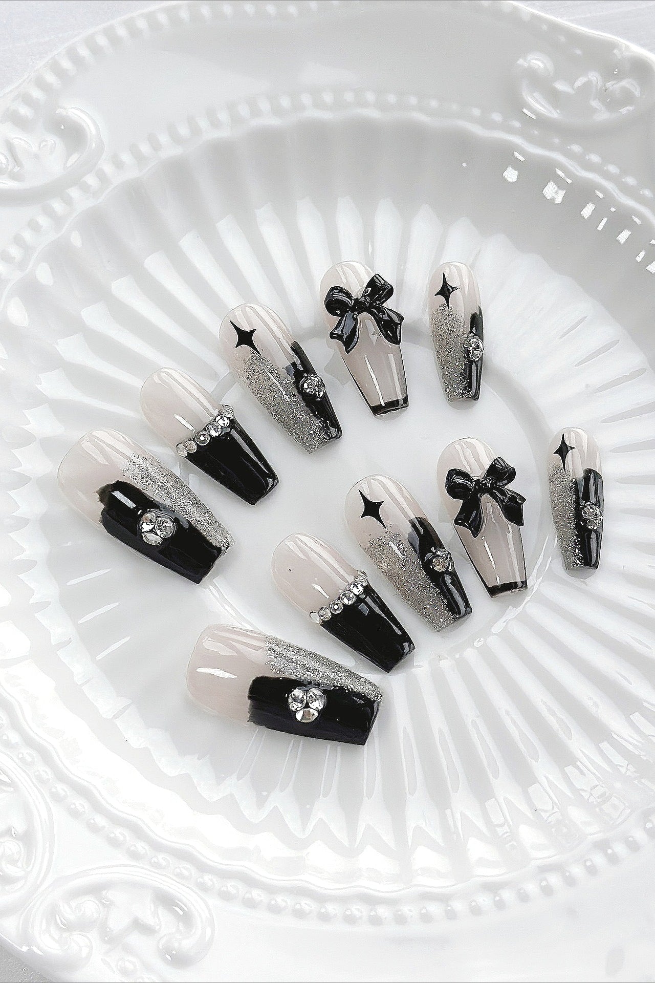Dark Rhinestone Bow Press On Nails Secondary image