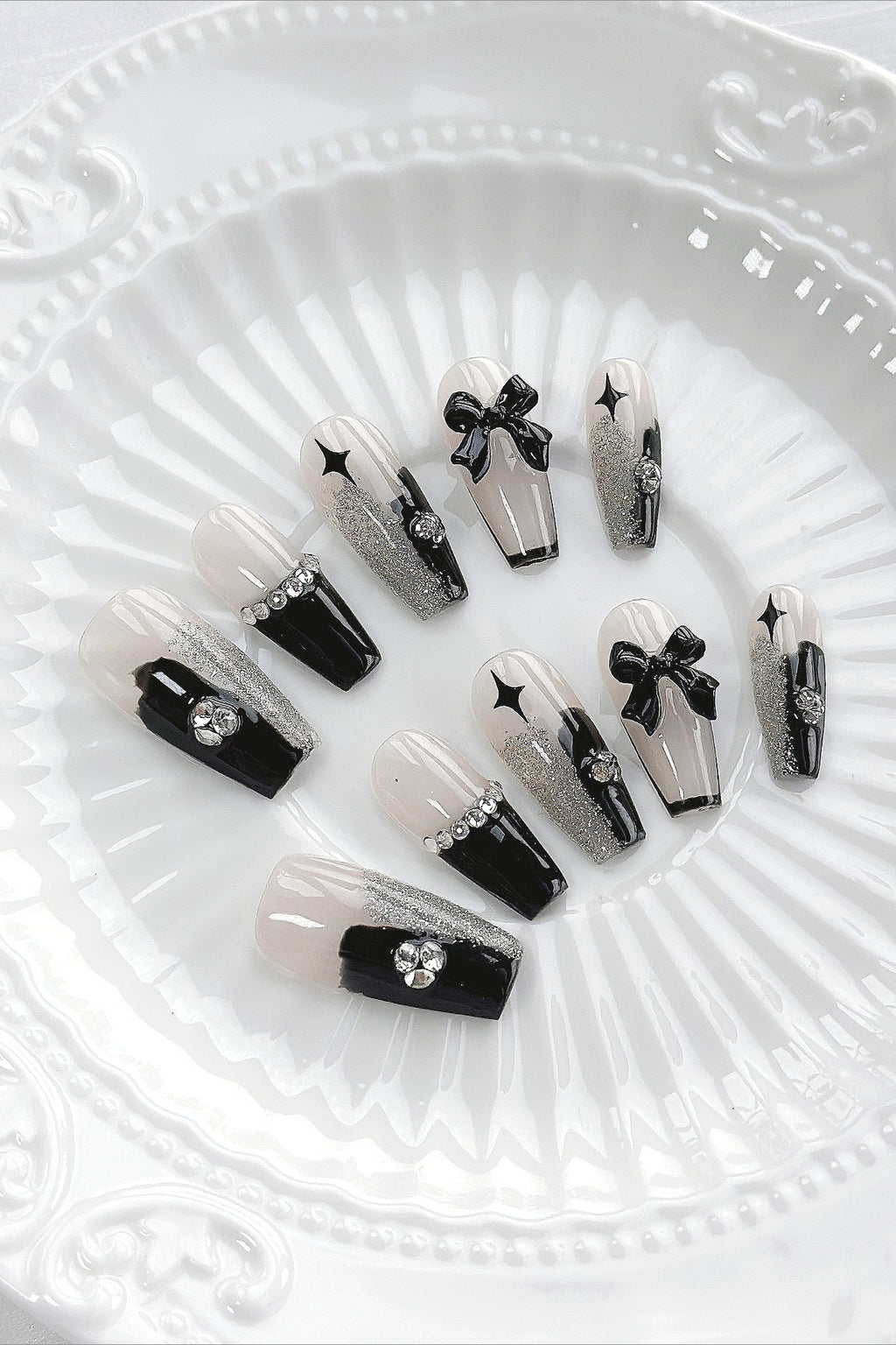 Dark Rhinestone Bow Press On Nails