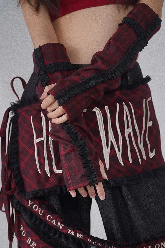 Red Plaid Patchwork Arm Warmer Gloves Secondary image