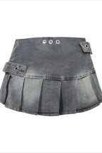 Studded Denim Pleated Mini Skirt