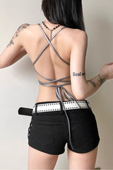 Silver Backless Halter Cami Crop Top