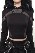 Mesh Panel Eyelet Detail Crop Tops
