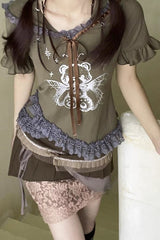 Y2K Khaki Green Hooded  T-shirt