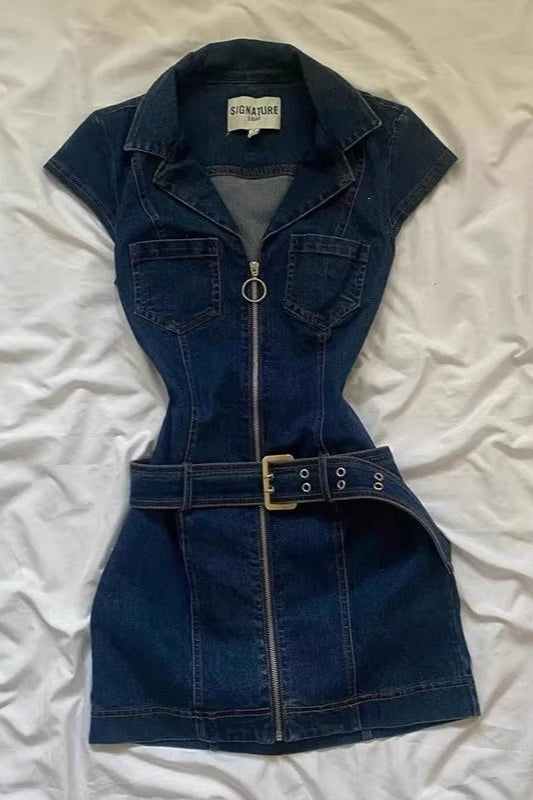 Belted Denim Zip Front Mini Dress Main image