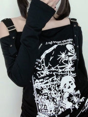 Y2K Gothic Skull Spider Ruching Off Shoulder Long Sleeve Tank Top