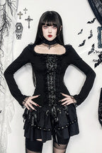 Square Neck Ribbon Lace Up Long Sleeve Top