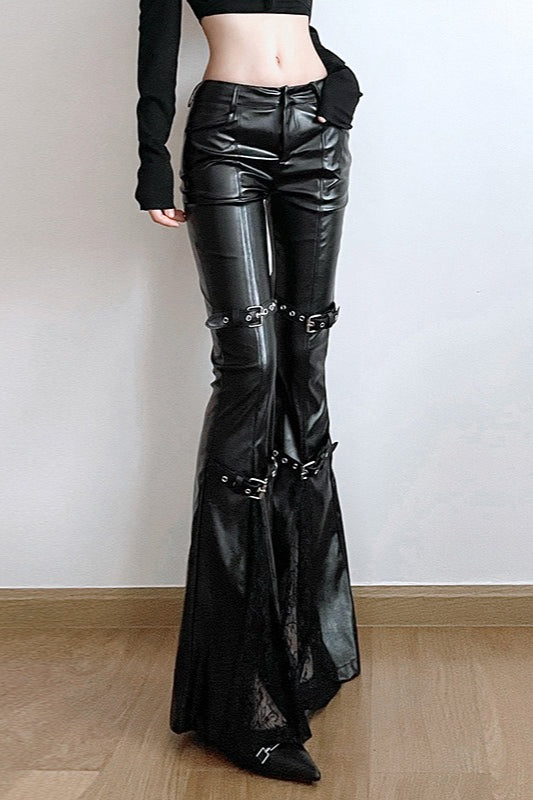 Cutout Buckle Faux Leather Wide Leg Pants