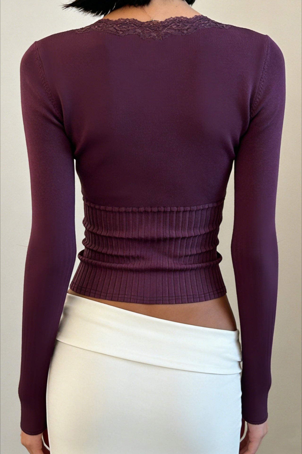 Lace V Neck Ribbed Waist Crop Tops Secondary image