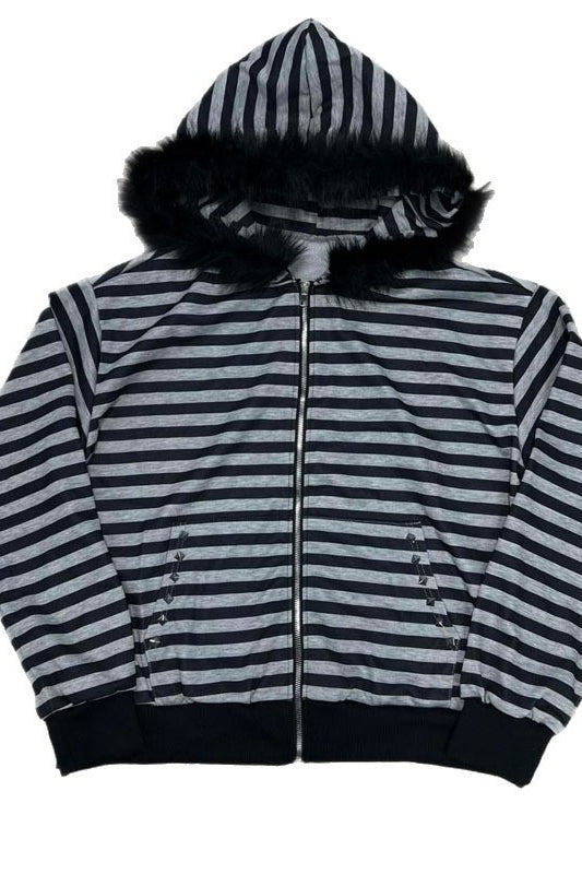 Striped Fur Trim Zip Hoodie Main image