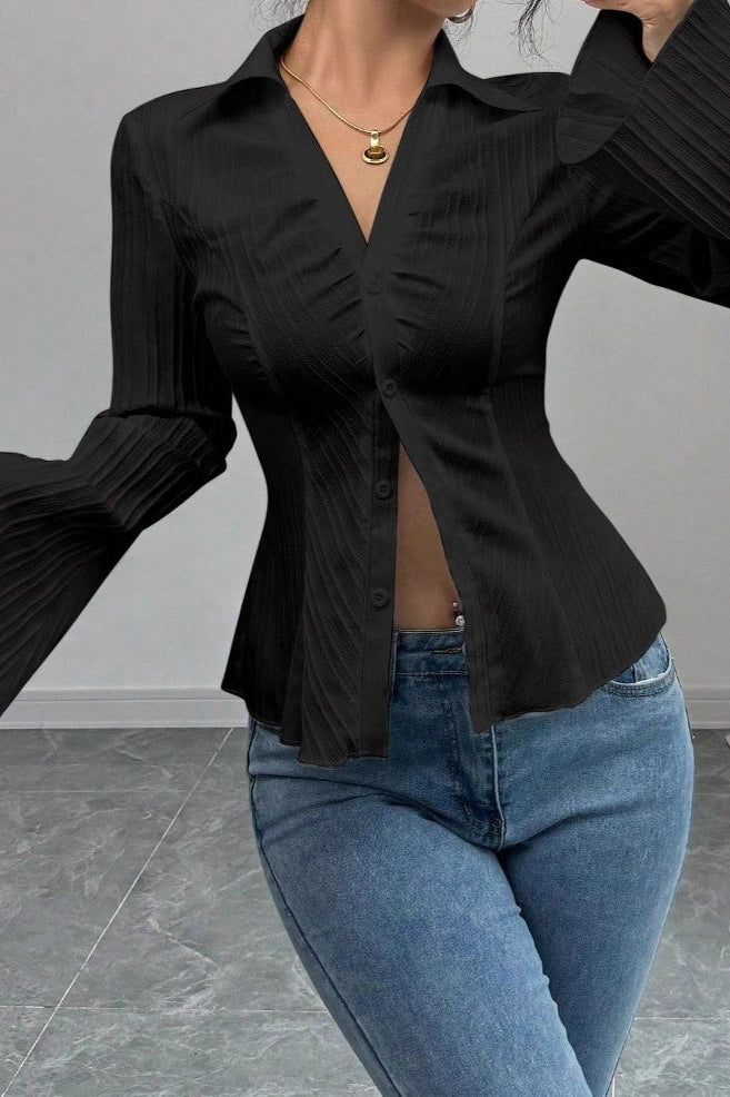 Elegant V-Neck Button-Down Striped Blouse Main image