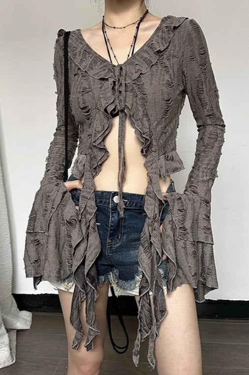 Ruffle V-Neck Bell Sleeve Crop Top Secondary image