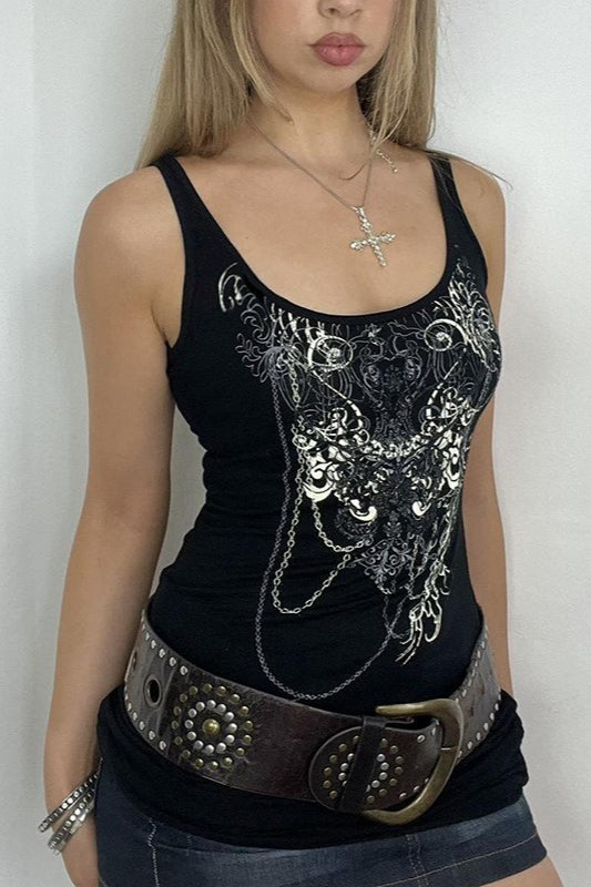 Ornate Scroll Graphic Scoop Tank Top