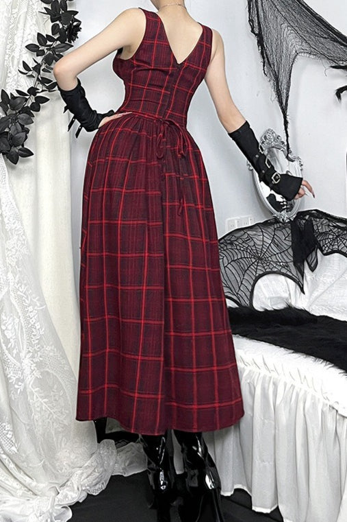 Red Plaid Sheer Sleeve Skirt Sets