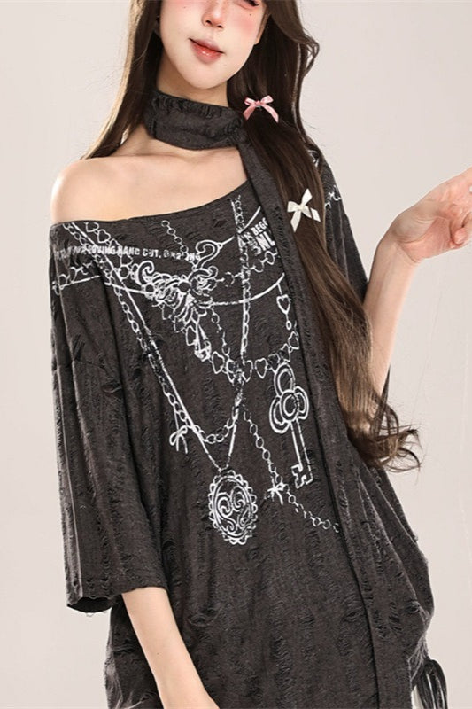 Wasteland Cutout Shoulder Distressed Lace-Up T-shirt
