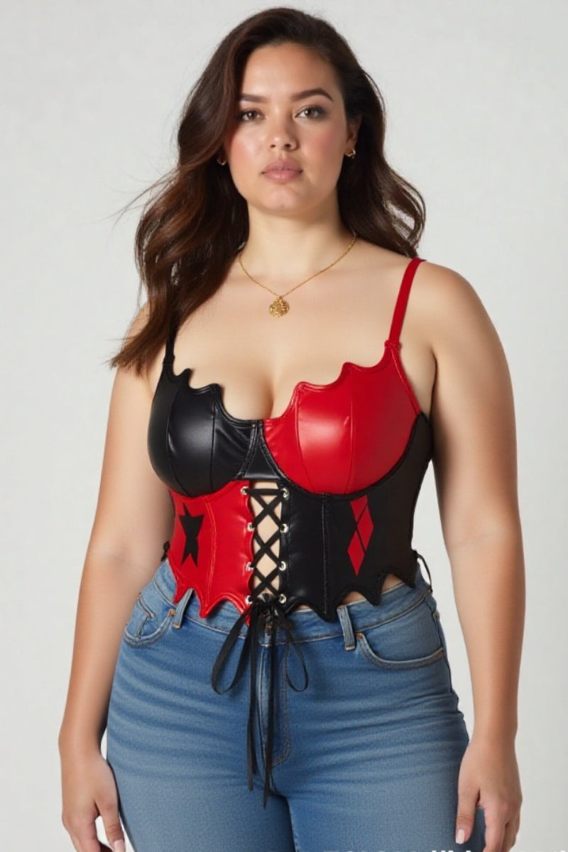 Punk PU Printed Lace Up Strap Boned Corset
