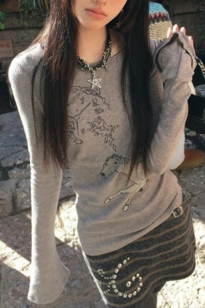 Vintage Y2k Flare Sleeve Graphic Print Knit Top Main image