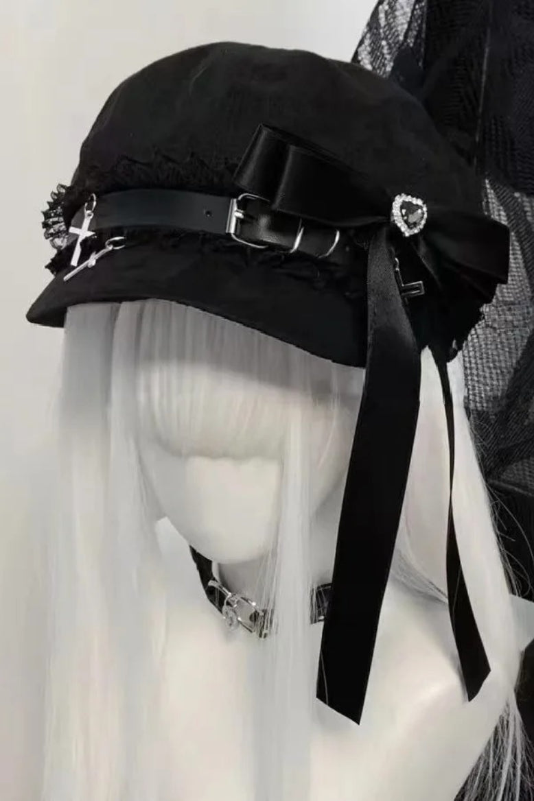 Y2K Sweet Cool Lace Stitch Denim Military Painter Hat Secondary image