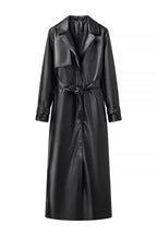 Vintage PU Leather Belted Long Trench Coat