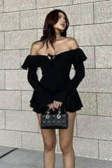 Ruffled Mesh Lace-up Slash Neck Bodycon Mini Dress