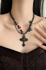 Vintage Dangle Cross Layered Gemstone Necklace