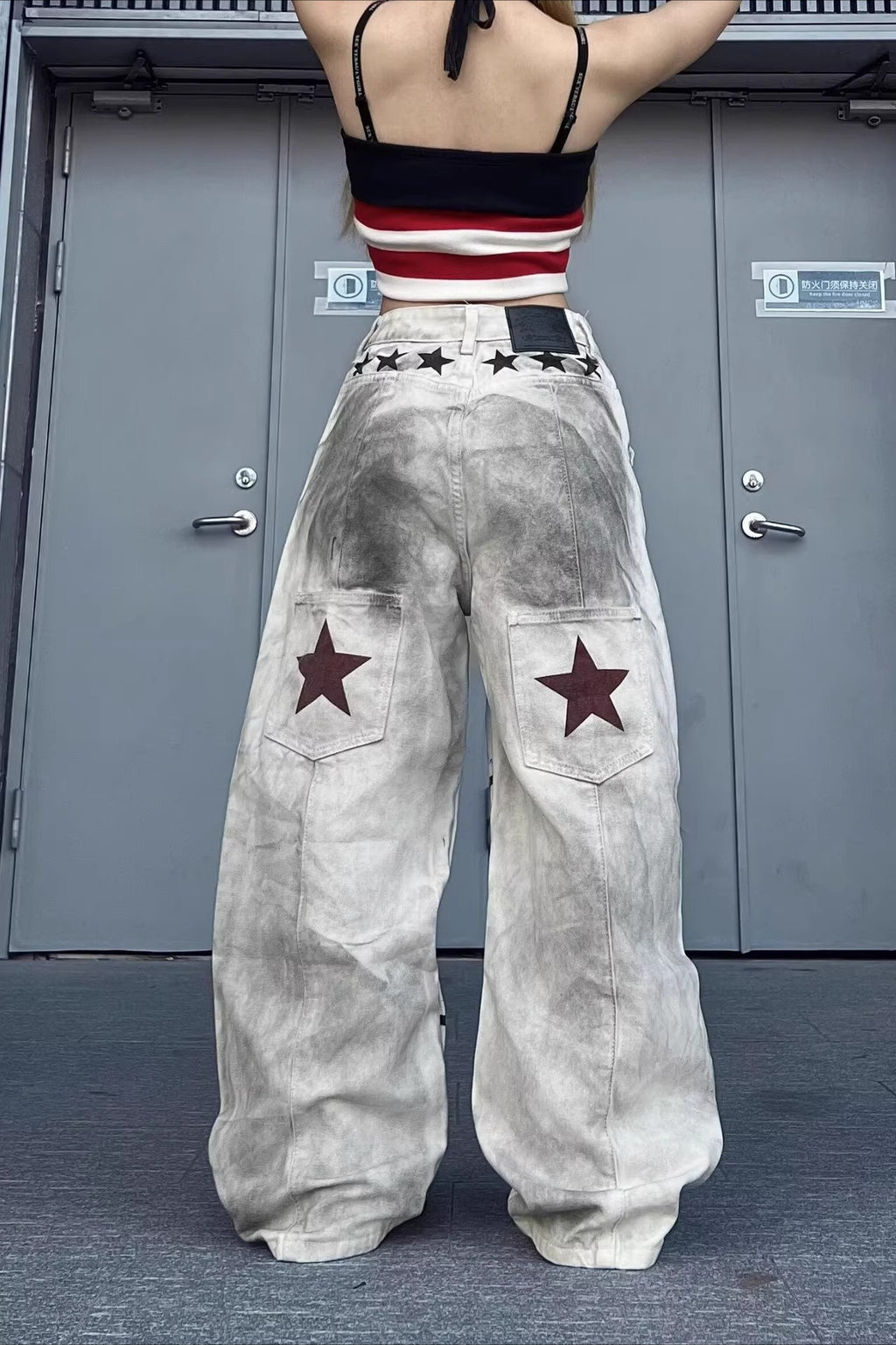Music Note Print Wide-Leg Jeans