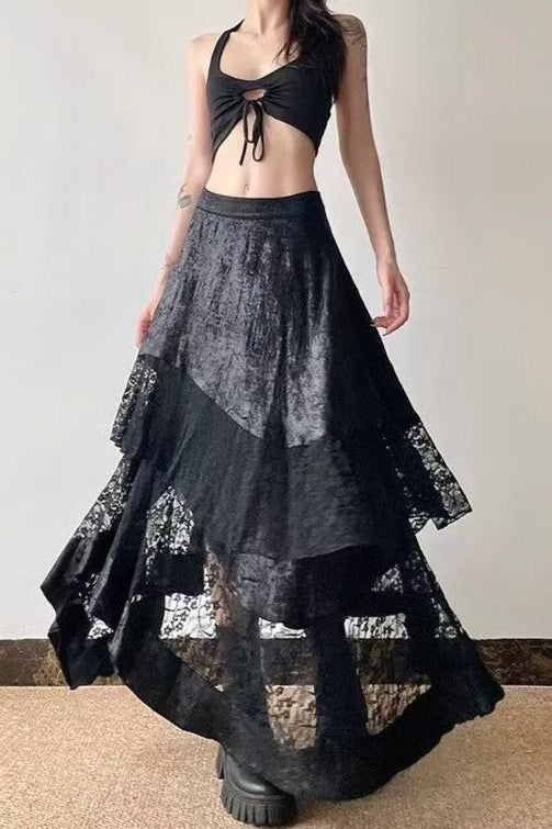 Tiered Lace Asymmetric Maxi Skirts