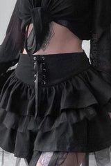 Gothic Lolita Y2K Mesh Patchwork Tie-Waist Tiered Mini Skirt