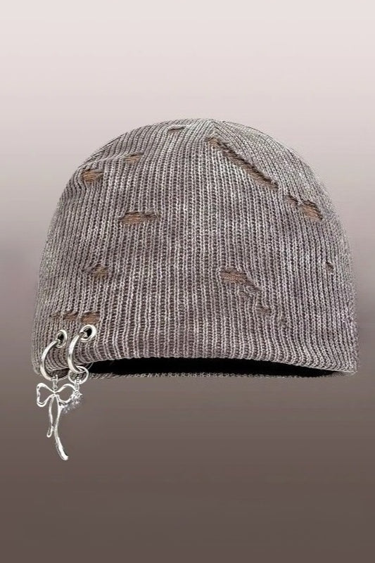 Harajuku Hole Design Iron Ring Skull Knitted Beanie Hat