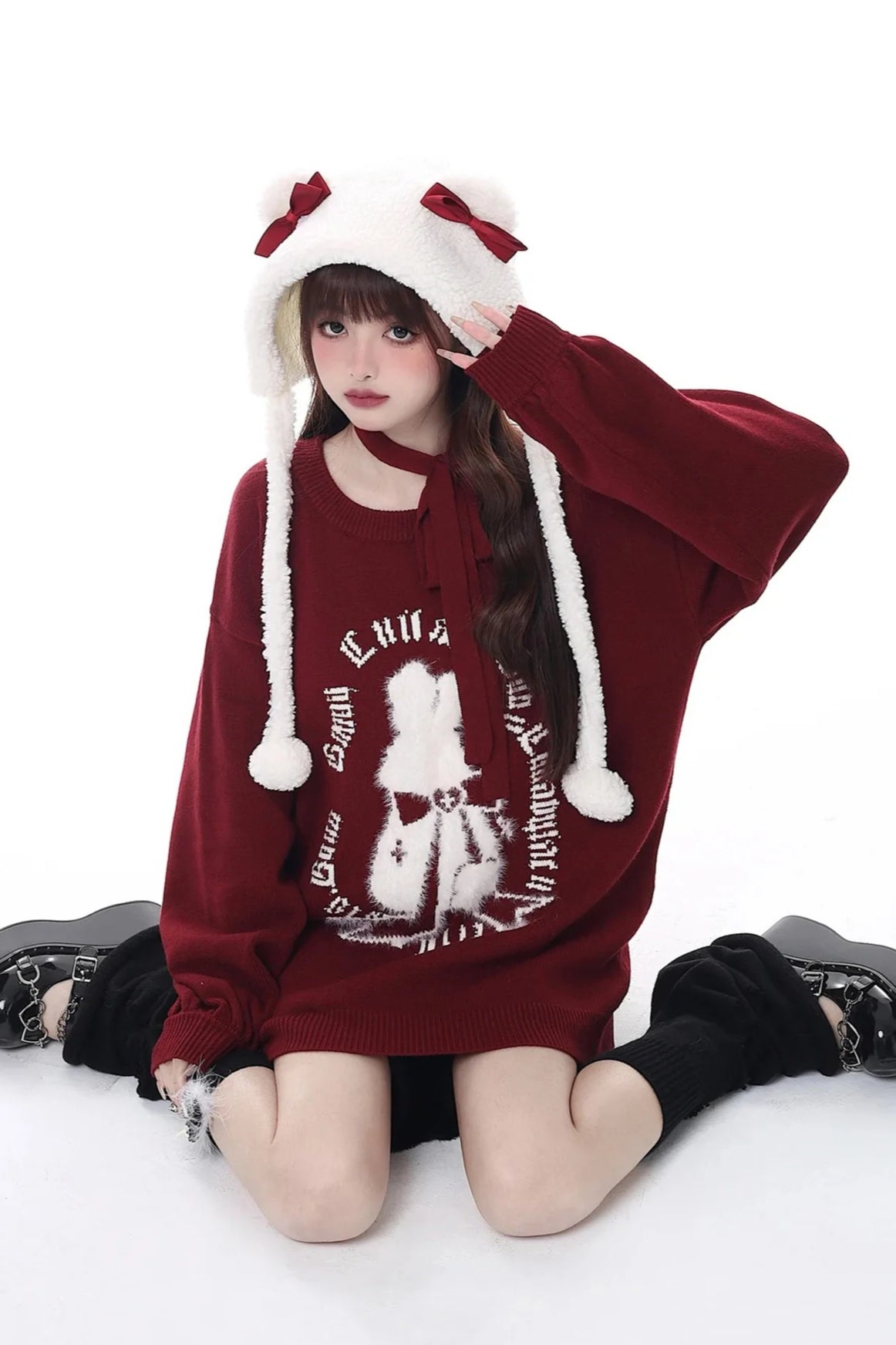 Christmas Bunny Lantern Sleeve Oversized Knit Sweater Main image