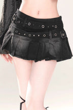 Studded Belt Pleated Denim Mini Skirt