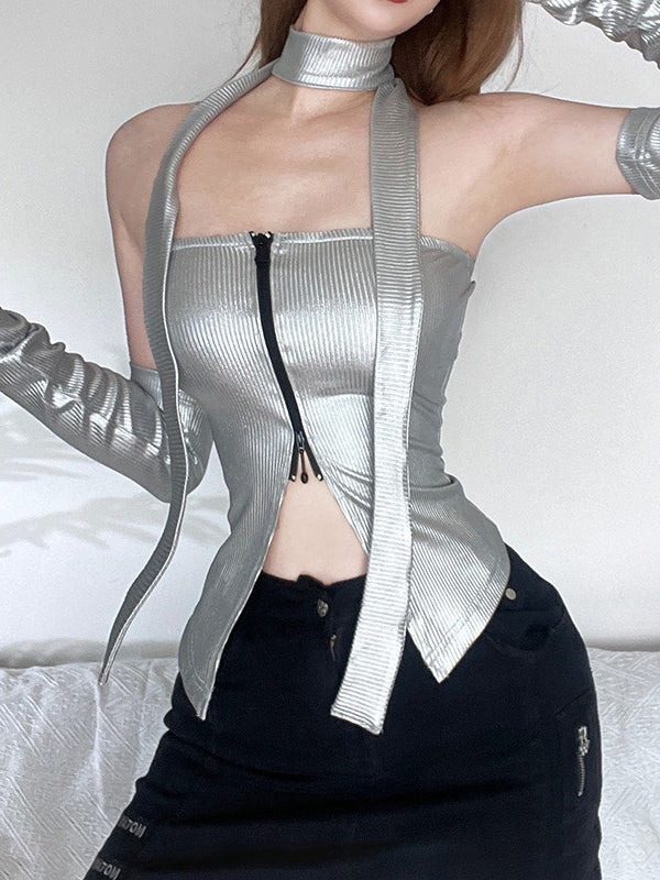 Cyber Sleeve Zip Up Crop Tank Top