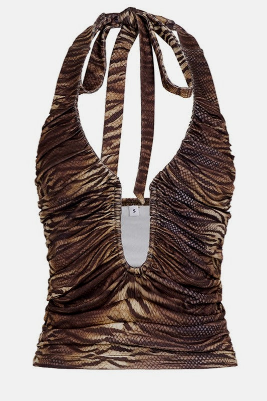 Y2K Vintage Deep V Neck Animal Print Halter Top