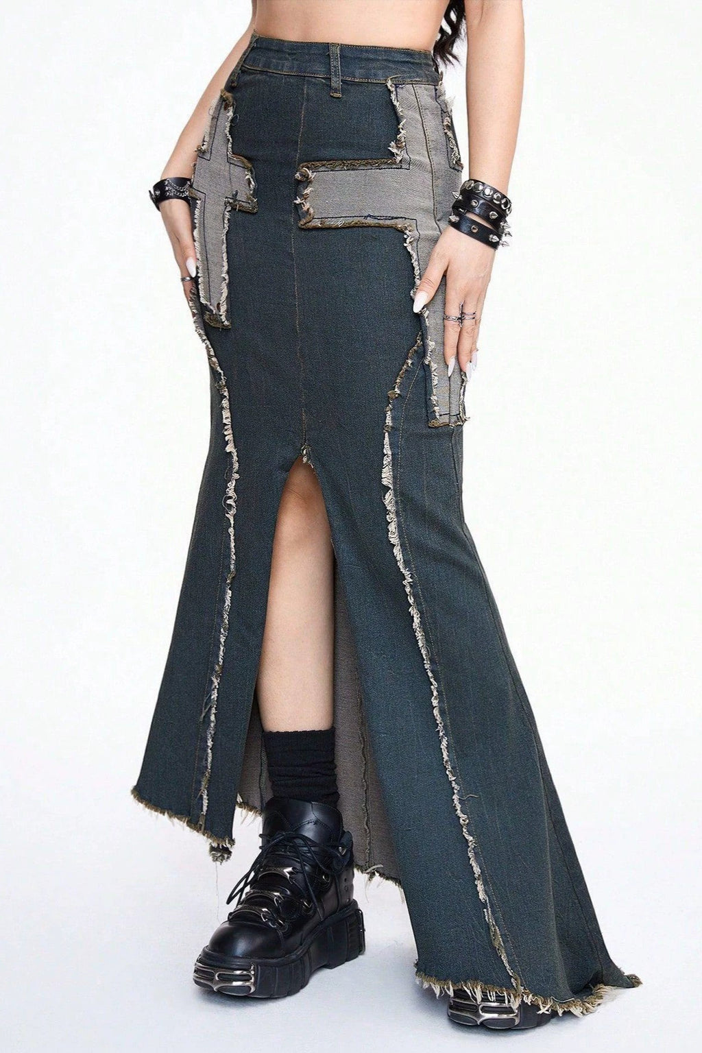 Cross Patch Split Denim Skirts
