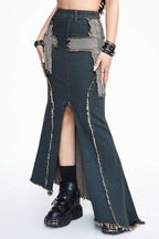 Cross Patch Split Denim Skirts
