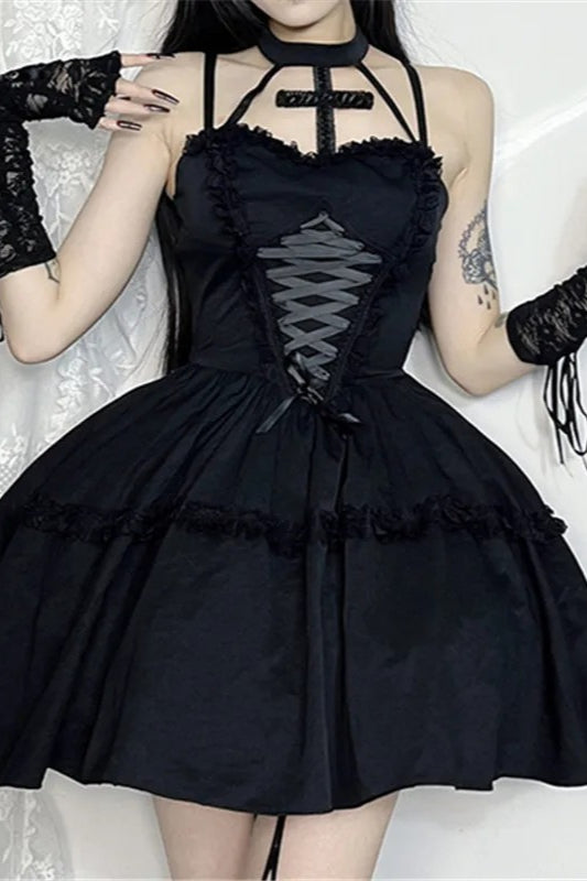 Lace Bandage Cross Halter Backless Gothic Mini Dress Secondary image