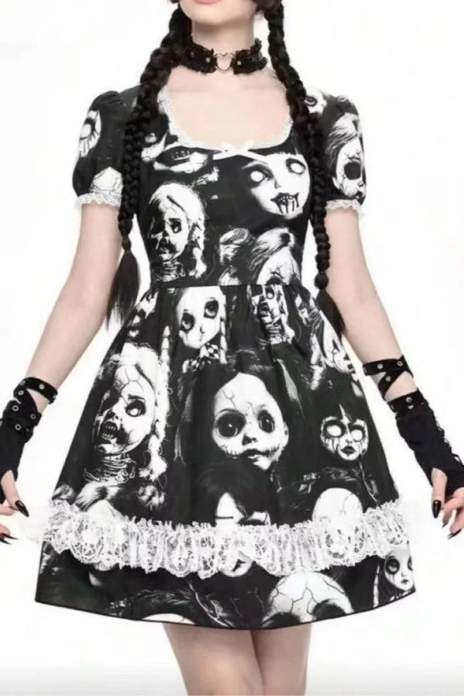 Doll Print Lace Trim Mini Dress