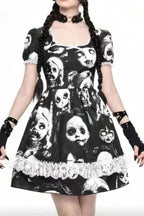Doll Print Lace Trim Mini Dress