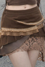 Brown Lace Layered Asymmetrical Mini Skirt