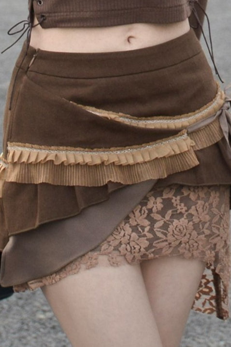 Brown Lace Layered Asymmetrical Mini Skirt