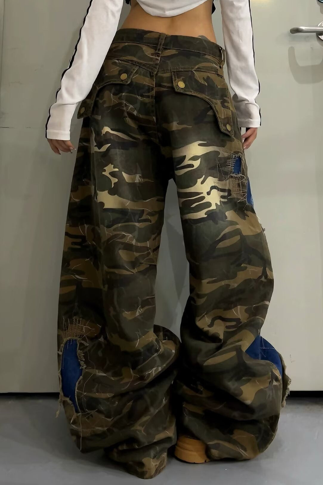 Denim Patch Camouflage Wide Pants