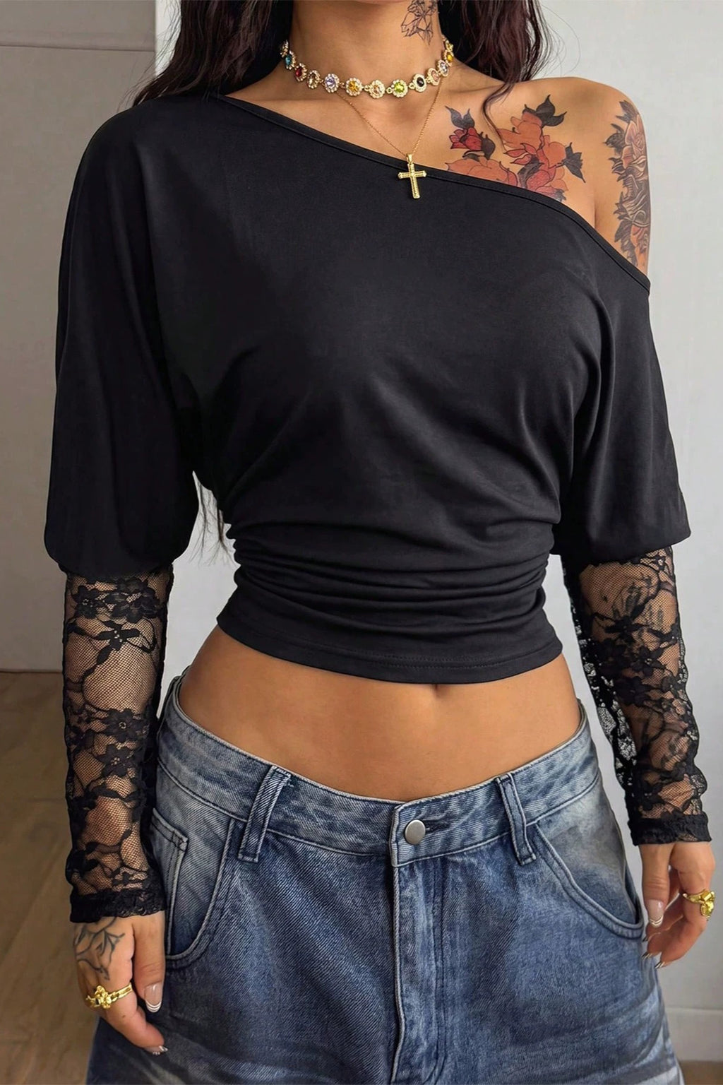 Asymmetric Lace Sleeve Crop Tops