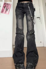 Y2K Alt-Culture Washed Print Bootcut Slim Denim Pants