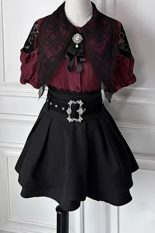 Lace Collar Puff Sleeve Skirt Sets