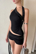 Eyelet Halter Strap Shorts Sets