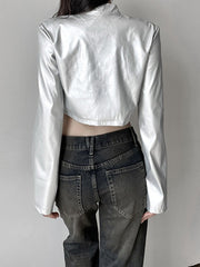 Casual Silver Stand Collar Zip Up Crop Coat