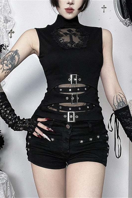 Gothic Cross Cutout Sheer Mesh Top