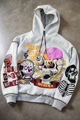 Gothic Skull Print Light Gray  Hoodie